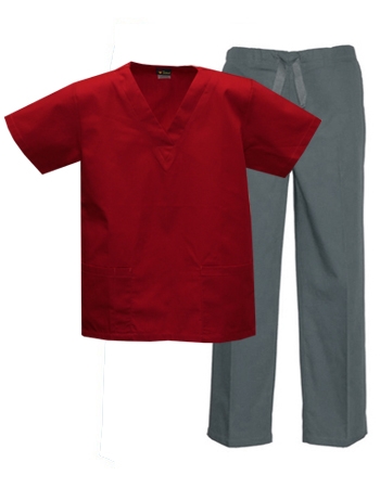 Mix &amp; Match Color Set - 2 pocket Red Top &amp; 1 pocket Grey Pants Style # MX03SET 